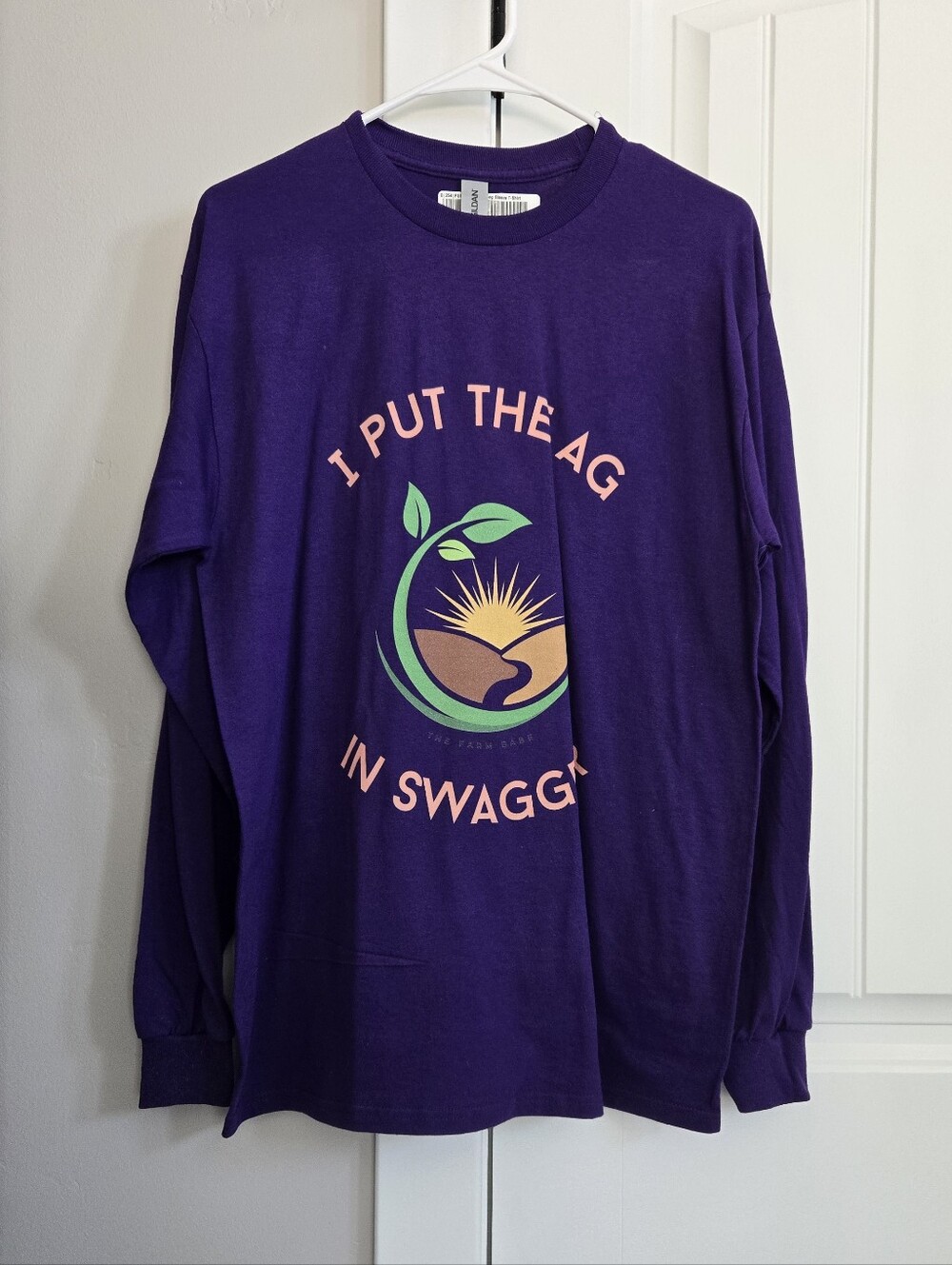 Gildan Purple Long-Sleeve Tee with Peach & Green Sunrise Graphic
